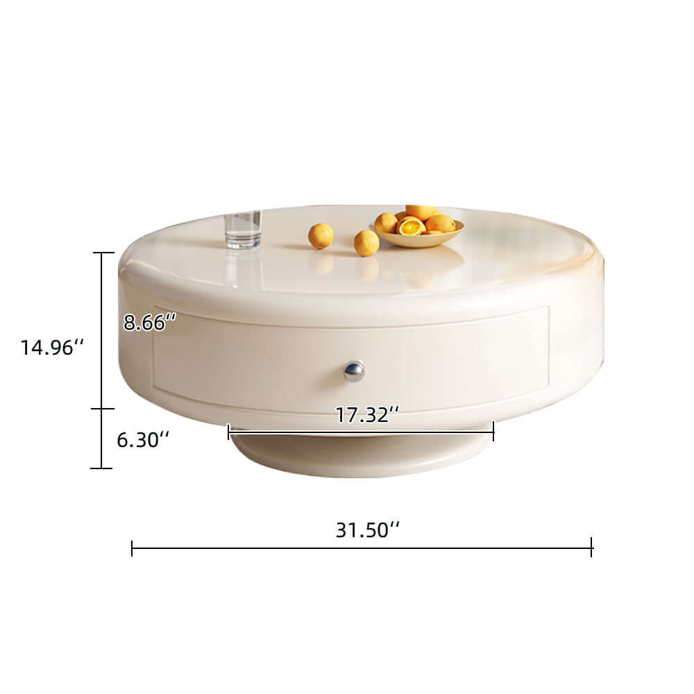 Set of 2 round rotating nesting coffee tables with 2 drawers and tea glass side surfaces