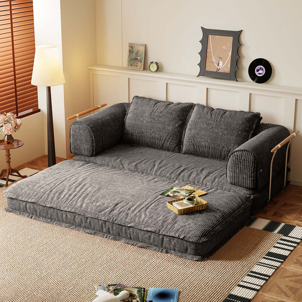 Modular foldable futon sofa bed with corduroy fabric, configurable as floor couch or sleeper