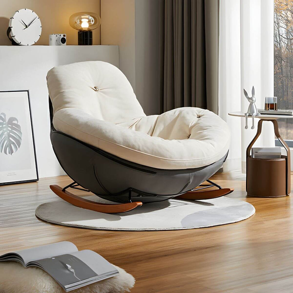 Button-tufted upholstered wooden rocking accent chair with black legs