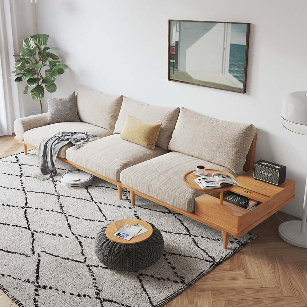 Beige 3-seater cotton linen sofa with storage and round arm design