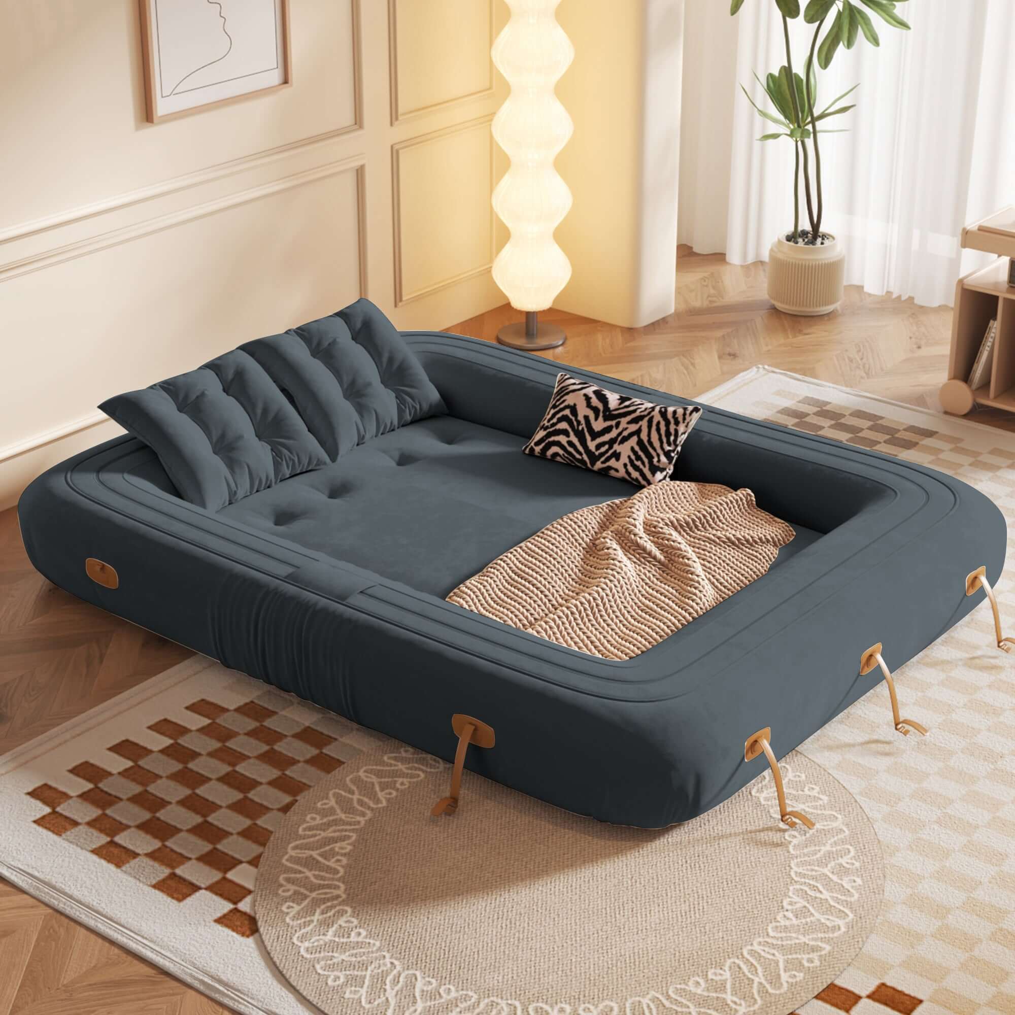 Velvet folding floor sleeper sofa bed with pet-friendly bean bag style design