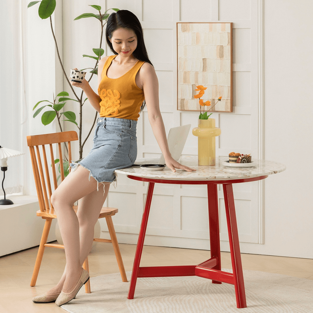 Modern terrazzo dining table with sleek design, perfect for cozy meals and home office use