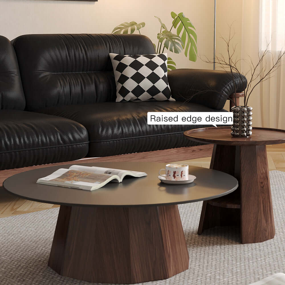 Round high-low coffee table made of solid wood and slate with built-in storage space