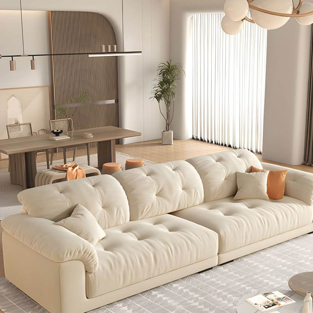 Beige polyester blend sofa with tufted back and pillow top arms, modern and comfortable seating