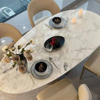 Oblong marble dining table with white Art Deco style and fixed legs