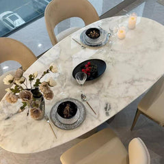 Marble Oblong Dining Table with White Art Deco Style and Fixed Table
