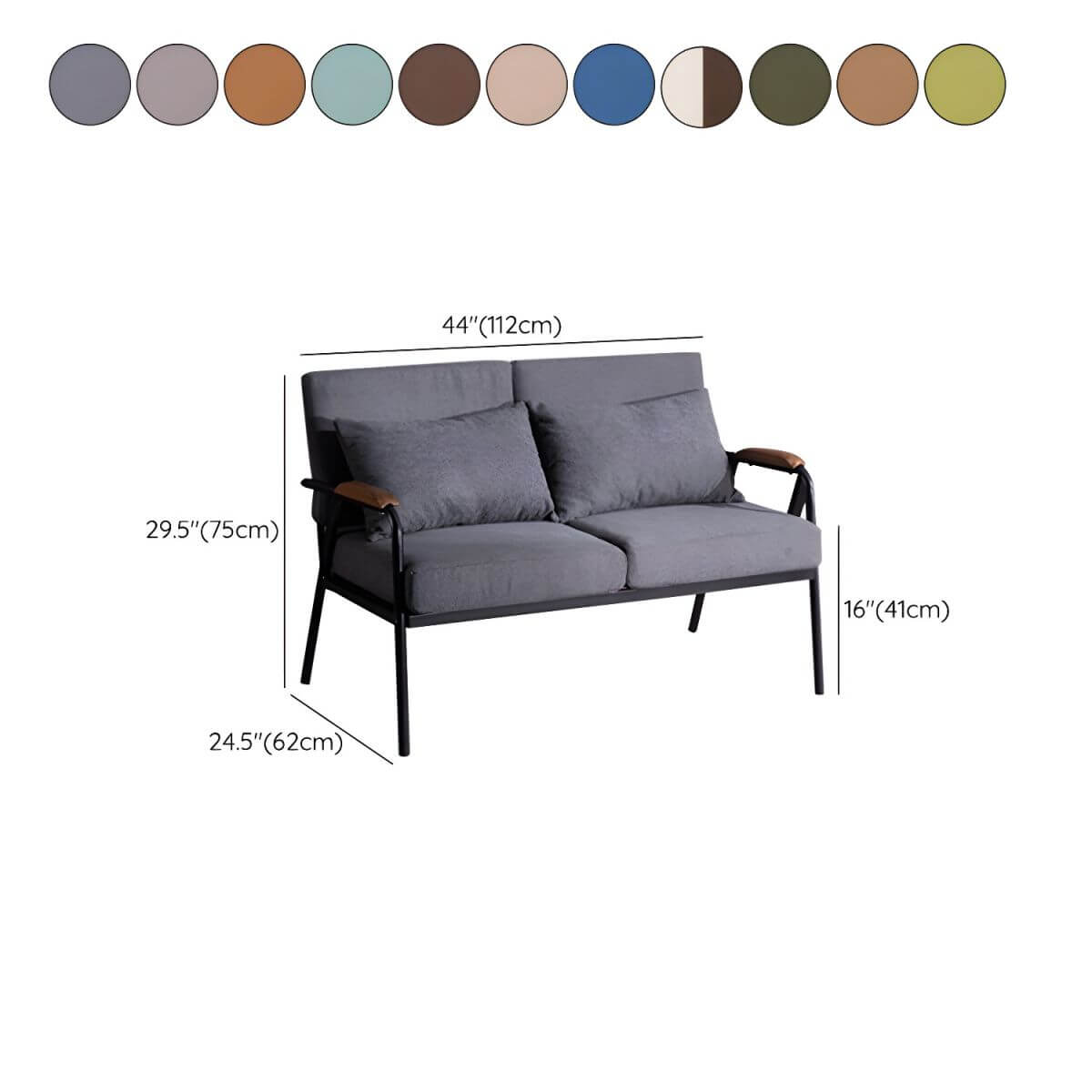 Mid century modern 2-seater sofa with black metal frame and solid wood arms