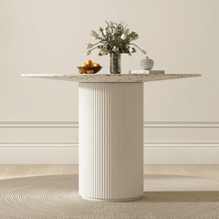 Chic Round Terrazzo Table and Soft Wool Upholstered Chairs - Trendy Home Dining Experience