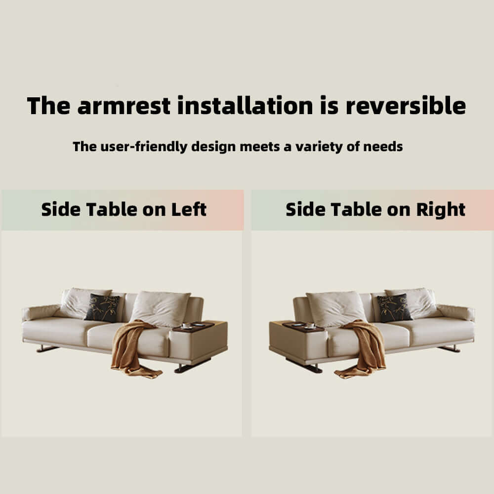 Modern minimalist folding sofa bed with reversible armrests and adjustable side table for versatile living spaces