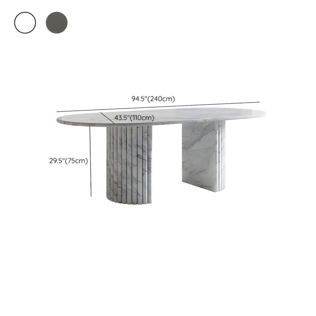 Modern oval marble dining table with white double pedestal base for stylish dining rooms