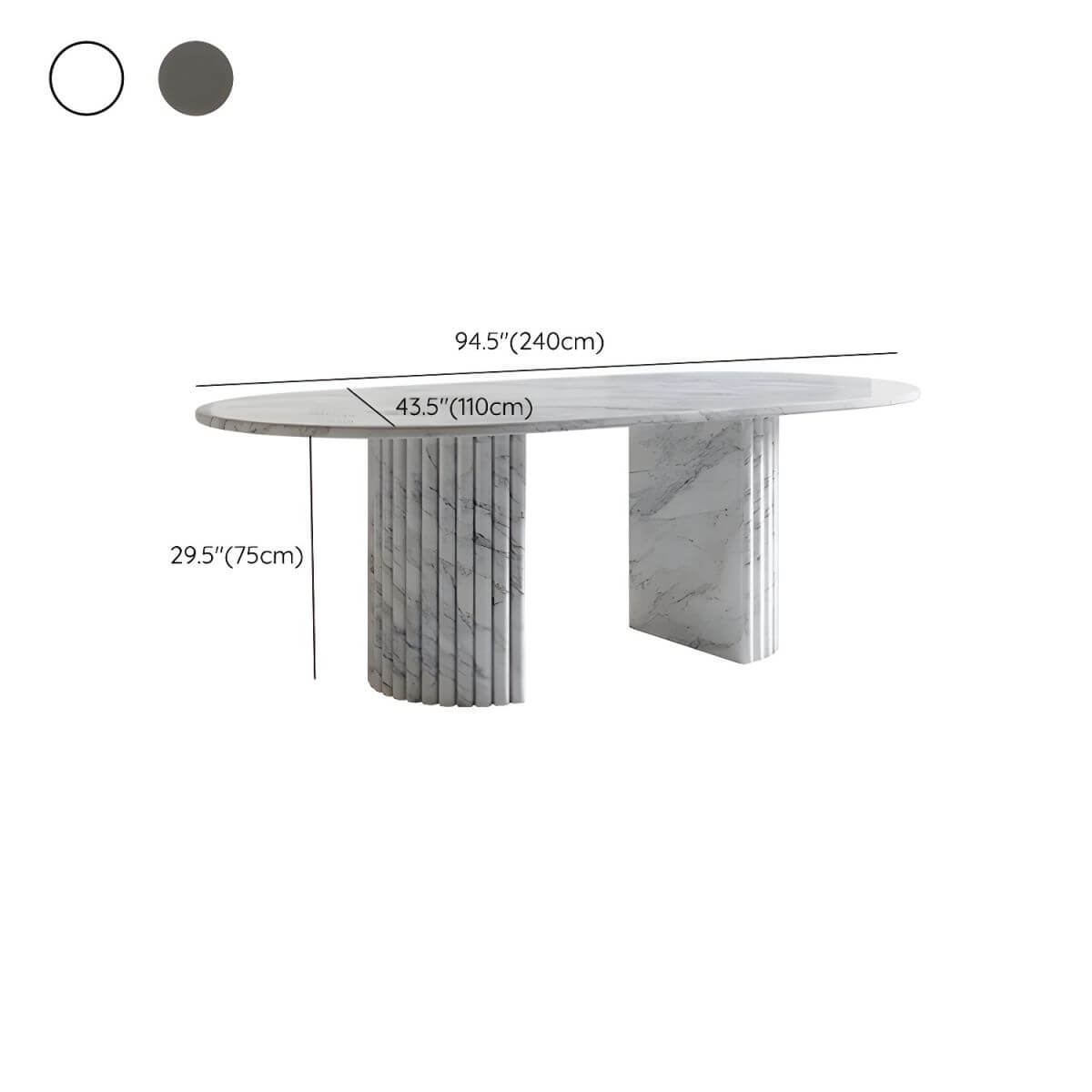 Modern oval marble dining table with white double pedestal base for stylish dining rooms