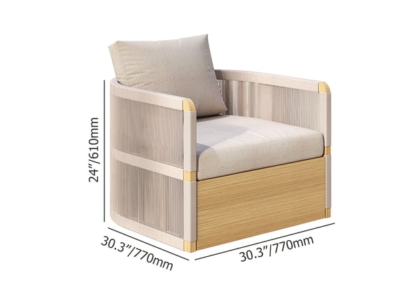 Modern outdoor swivel sofa set with aluminum frame and rope accents, includes coffee table in khaki