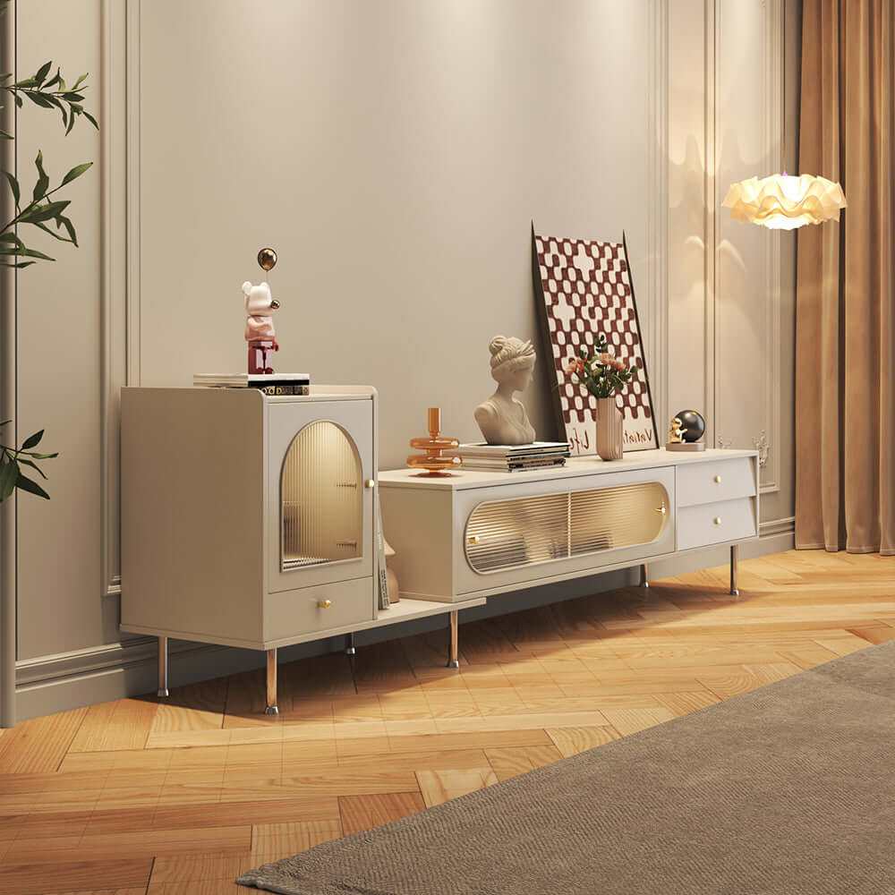 Extendable rectangle TV stand with sliding glass door, bookshelf, and three storage drawers