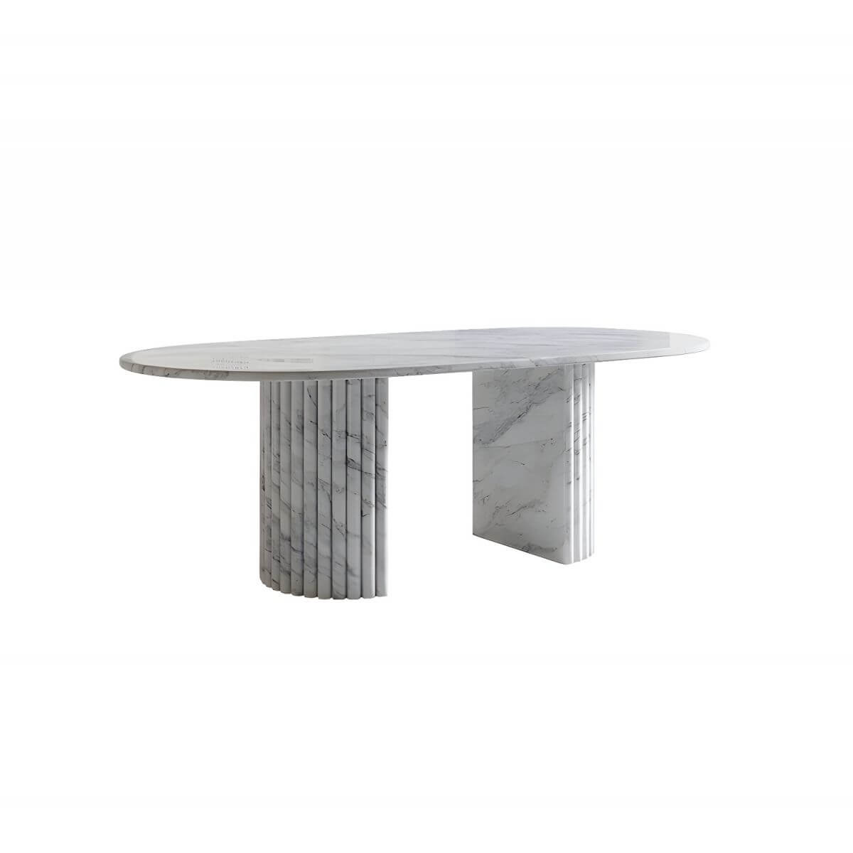 Modern oval marble dining table with white double pedestal base for stylish dining rooms