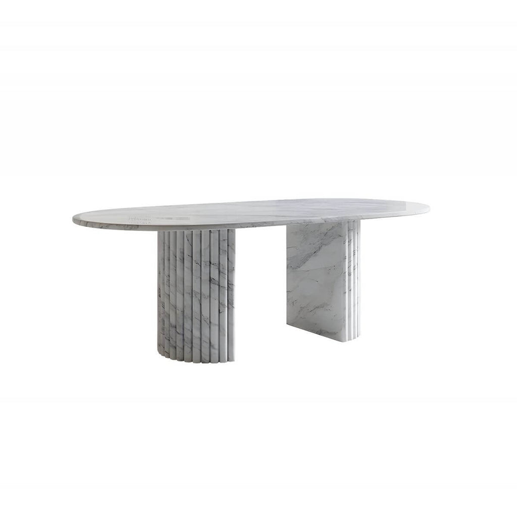 Modern oval marble dining table with white double pedestal base for stylish dining rooms