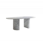 Modern oval marble dining table with white double pedestal base for stylish dining rooms
