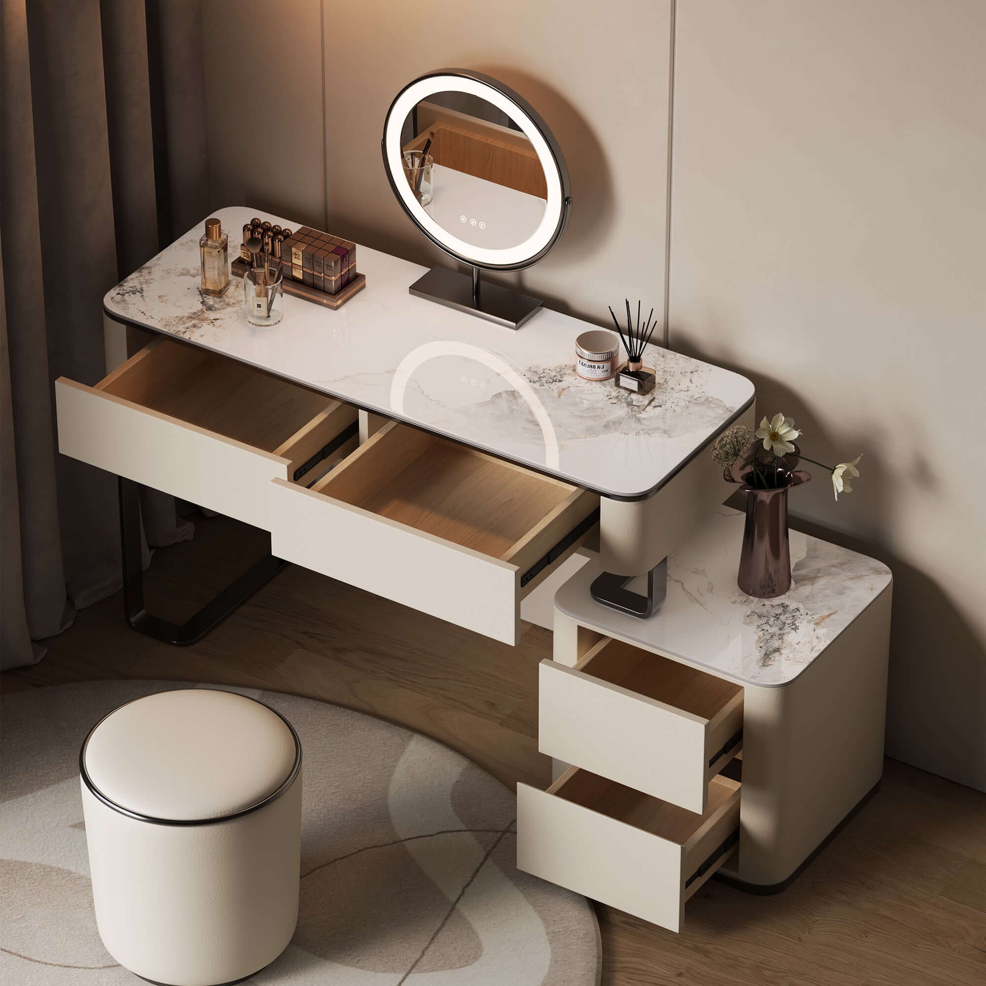 Makeup vanity set with LED mirror and stool, perfect for bedroom or dressing area