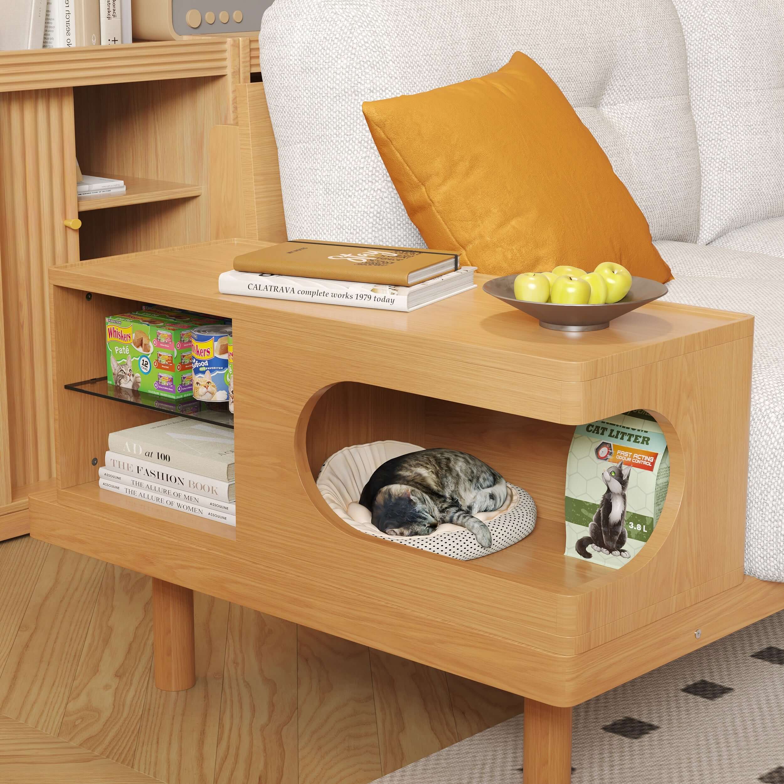 Japandi style wooden base sofa featuring an integrated cat den for pet-friendly living