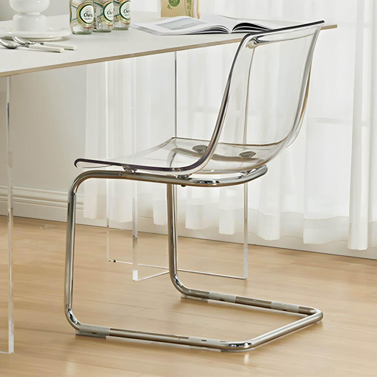 Scandinavian style low back side chair made of plastic and acrylic, ideal for kitchen and dining areas
