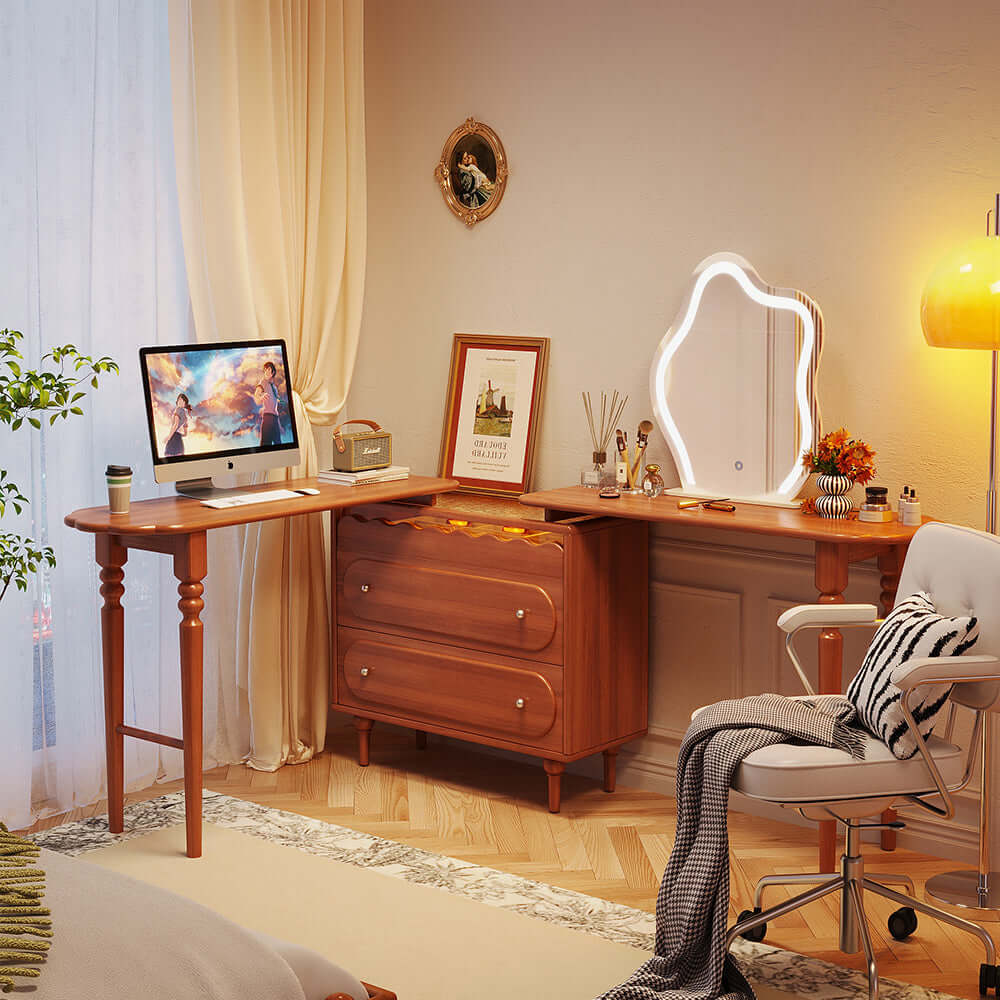 Expandable solid wood makeup table organizer with multiple compartments for efficient storage