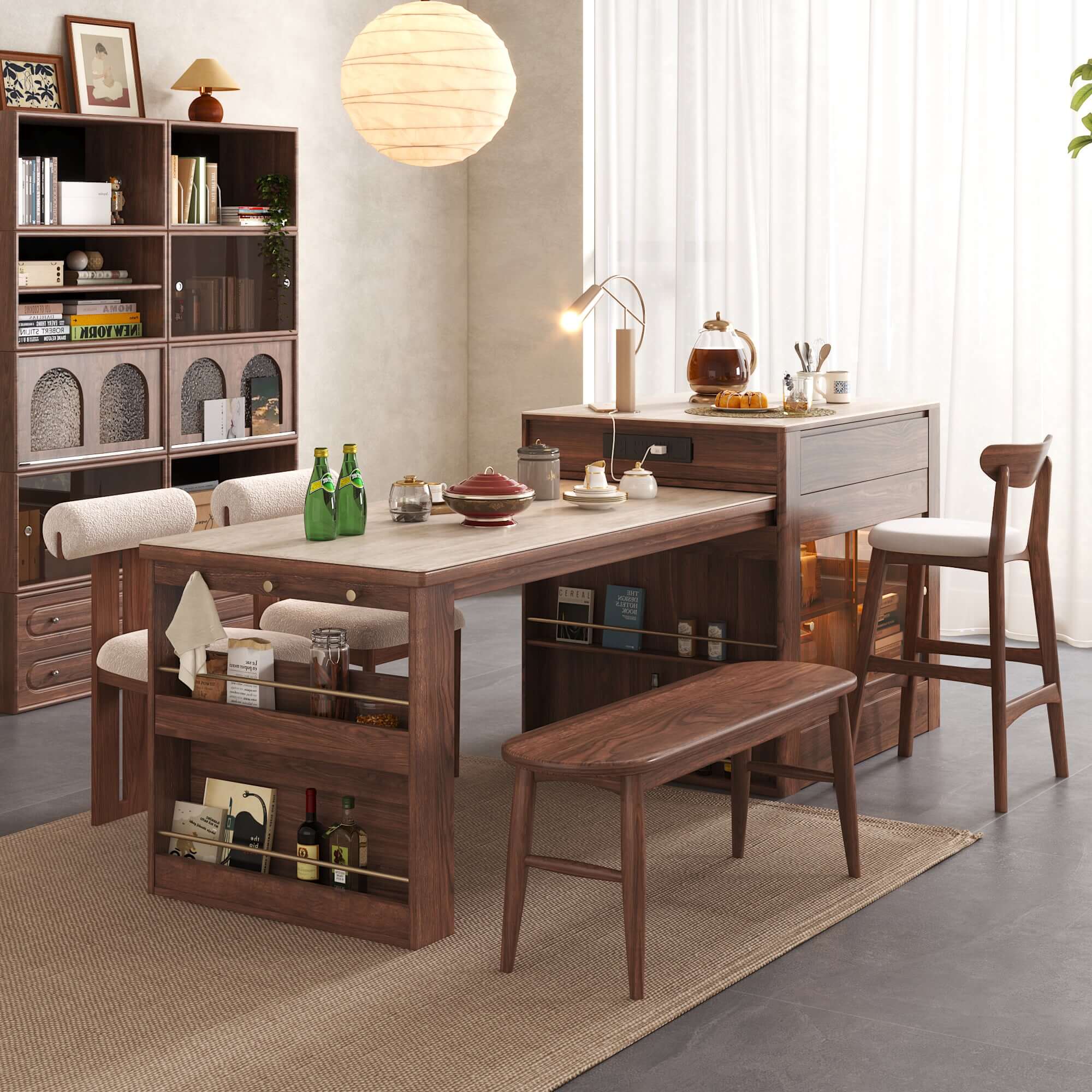 Extendable kitchen island dining table with durable sintered stone top for versatile use