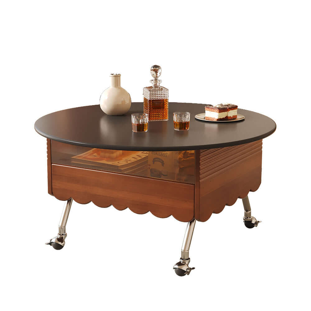 Retro round coffee table with adjustable height and wheels for easy mobility