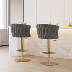 Set of 2 gray swivel bar stools with velvet curved back and adjustable height