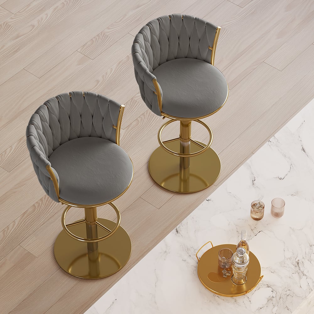 Set of 2 gray swivel bar stools with velvet curved back and adjustable height