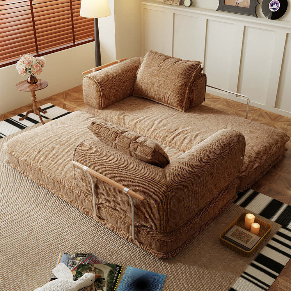 Modular foldable futon sofa bed with corduroy fabric, configurable as floor couch or sleeper