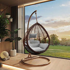 Porch swing with tropical ivory and auburn hydrophobic framed pads, metal stand and chain included