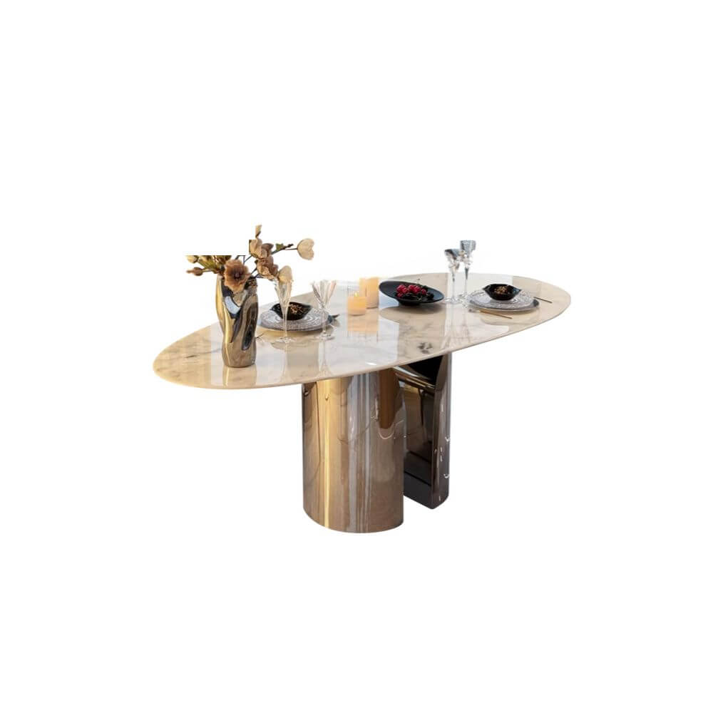 Oblong marble dining table with white Art Deco style and fixed legs