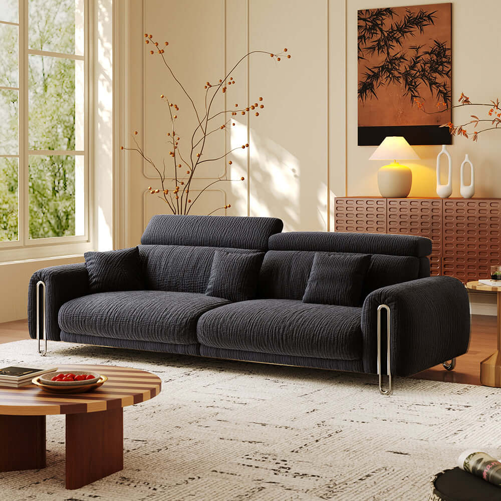 Green chenille big comfy couch with adjustable headrest and water-resistant fabric