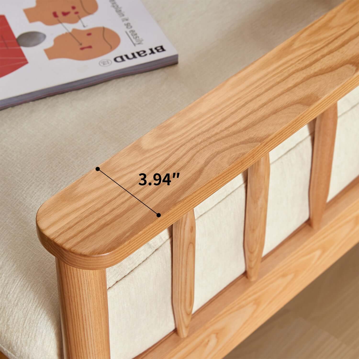 Japandi style solid ash wood sofa upholstered in cotton linen, corduroy, and cat-scratch fabric