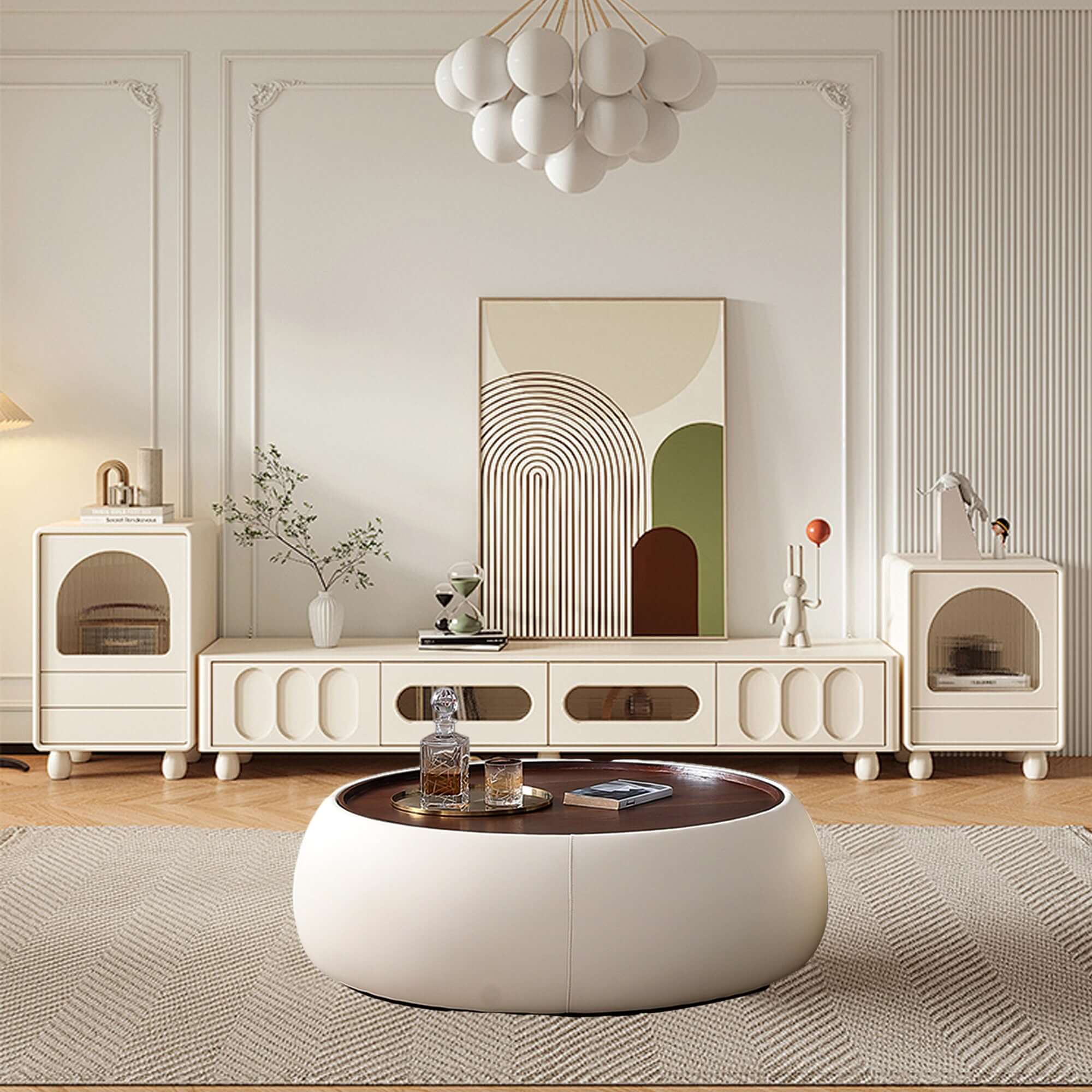 Modern round coffee table with storage, featuring a light luxury design