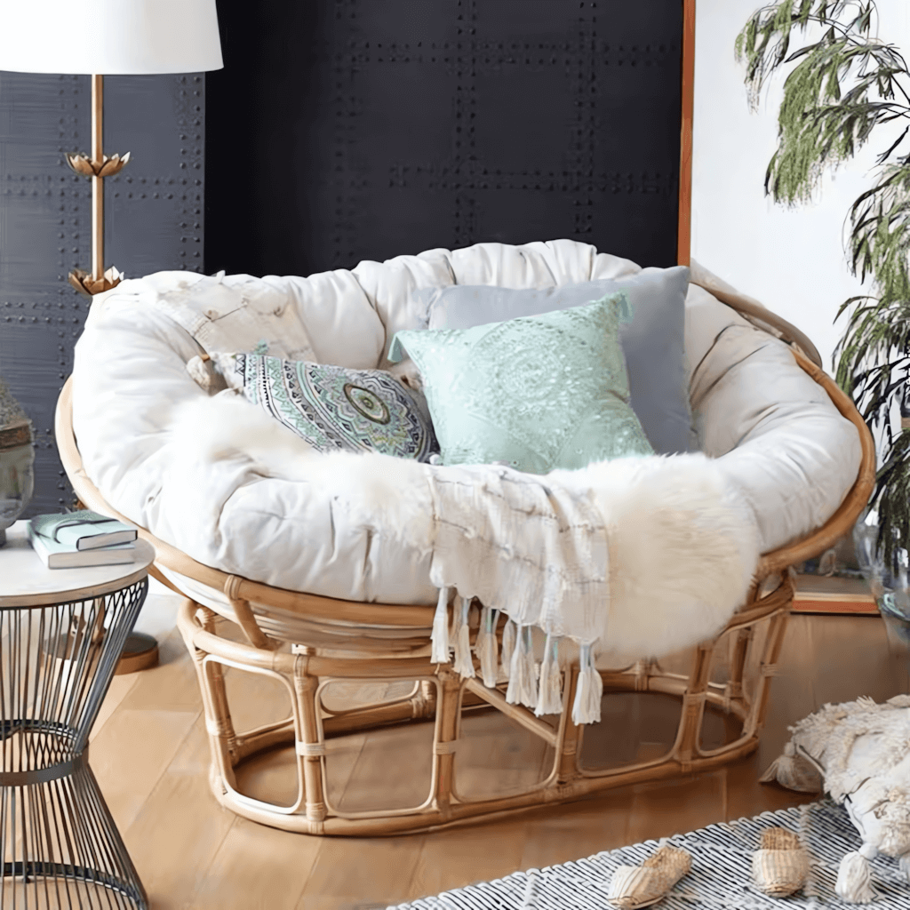 Cozy natural rattan papasan chair available in single or double size for comfortable lounging