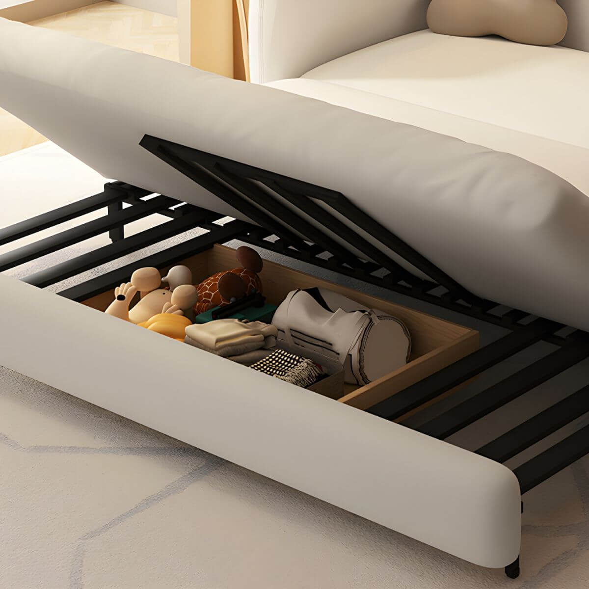 Modern white sleeper sofa with detachable mattress, casters, and black legs, 51 by 37 inches