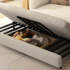 Modern white sleeper sofa with detachable mattress, casters, and black legs, 51 by 37 inches