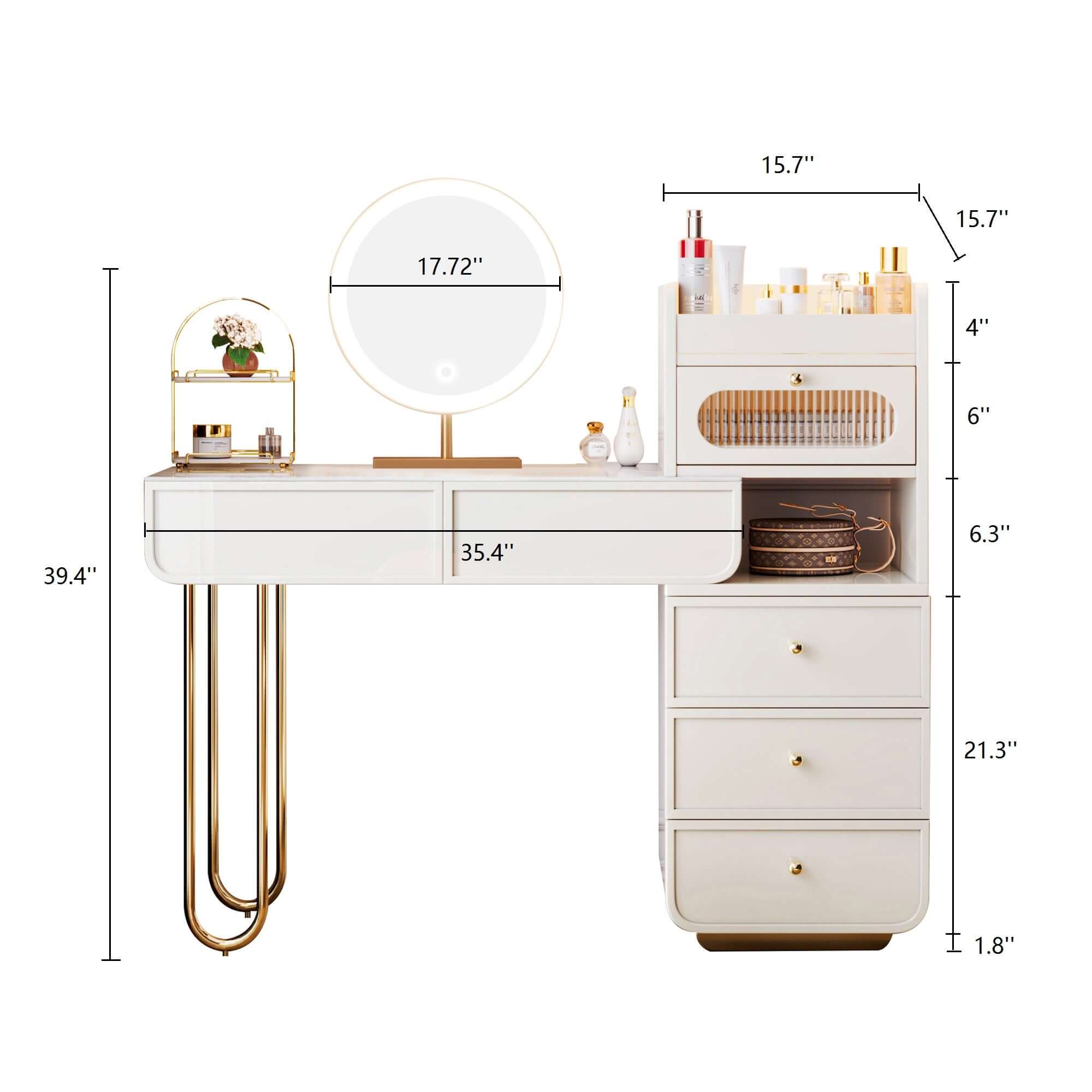 White makeup vanity with jewelry storage and multiple drawers for elegant organization