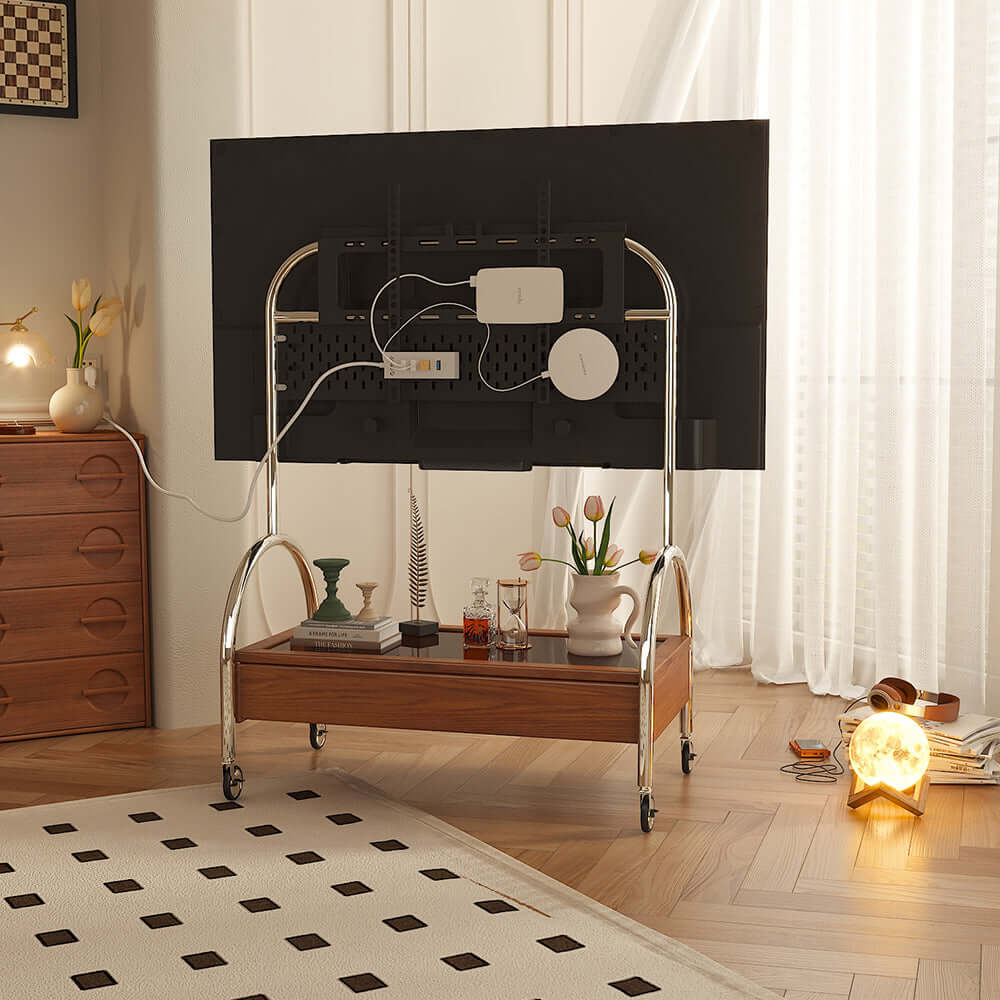 Small modern movable wooden TV stand and media console for living room