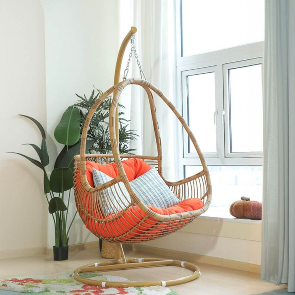 Metal stand porch swing with tropical unfinished color, pads, and chain for two swings