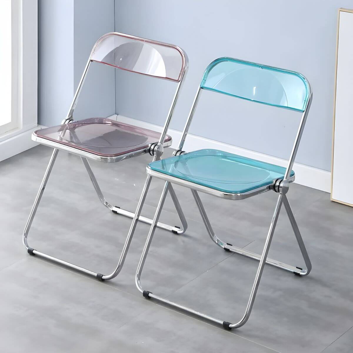 Scandinavian style dining chair with silver metal legs and plastic acrylic seat