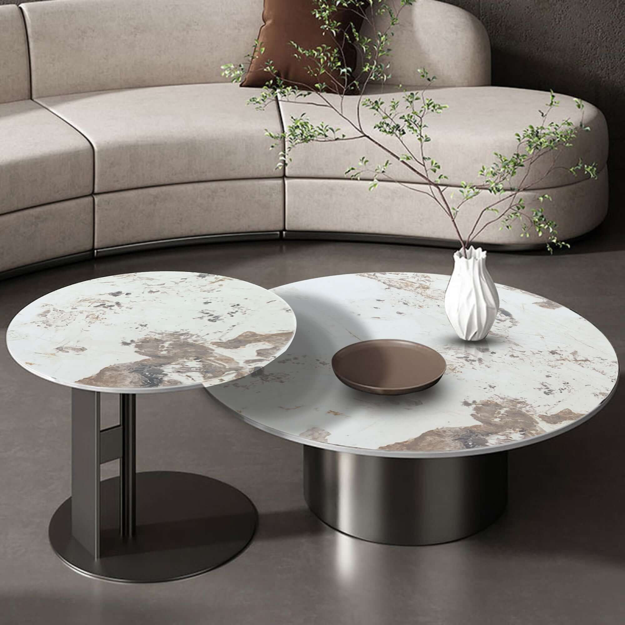 Round nesting coffee table with black and gold frame and durable sintered stone top