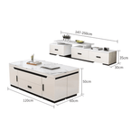 White lift-top coffee table with storage and stools, perfect for compact living spaces