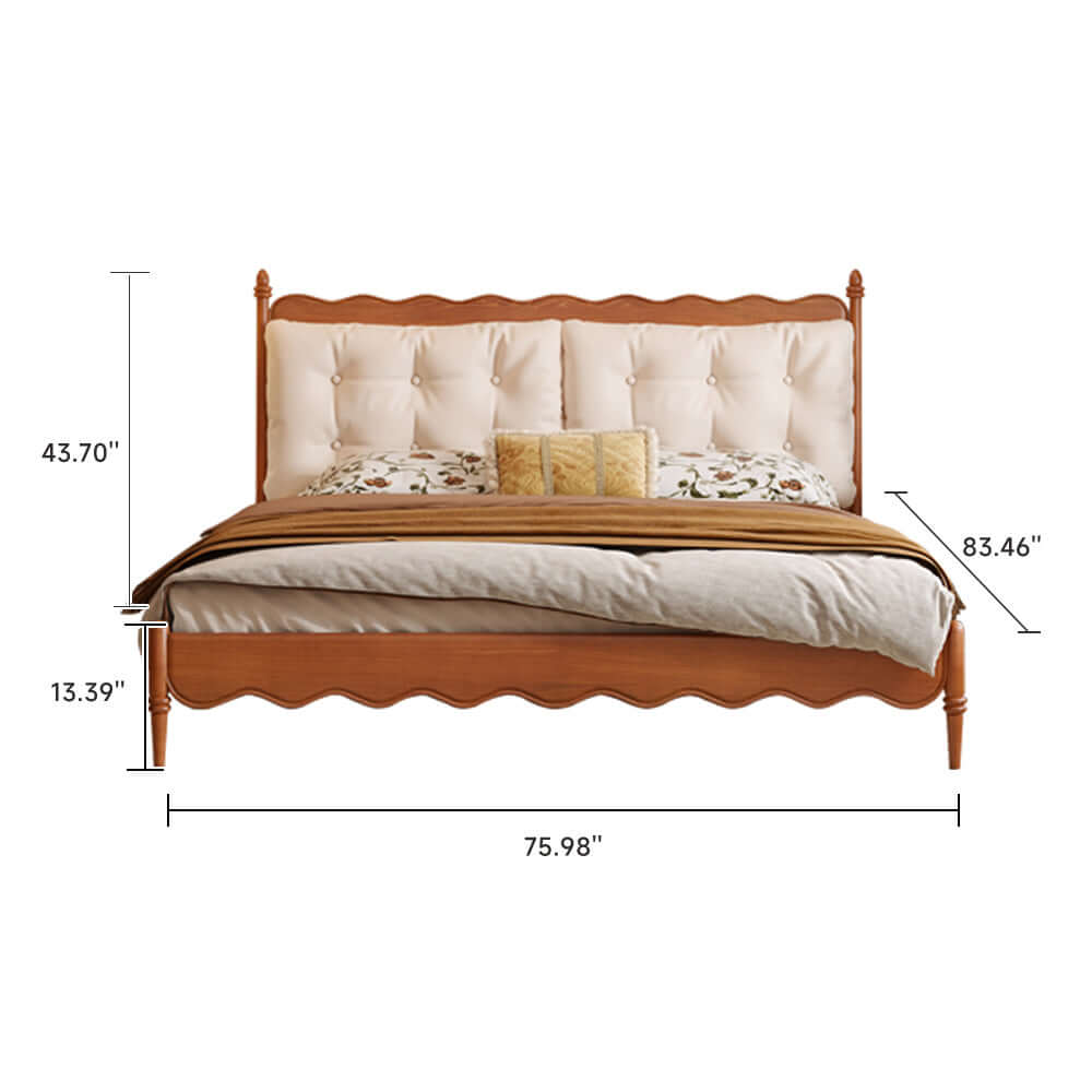 Vintage solid wood master bed featuring an elegant upholstered headboard for classic bedroom style