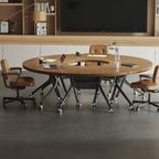 Foldable conference table with modern curve design and comfortable mesh chairs for meetings
