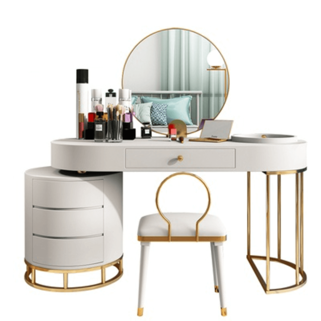Makeup vanity set with extendable dressing table, side cabinet, mirror, and chair in white, pink, green, and blue