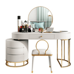 Makeup vanity set with extendable dressing table, side cabinet, mirror, and chair in white, pink, green, and blue