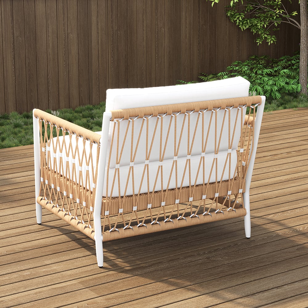 Outdoor 3-piece swivel sofa set with aluminum frame, weave rope, and side table in khaki