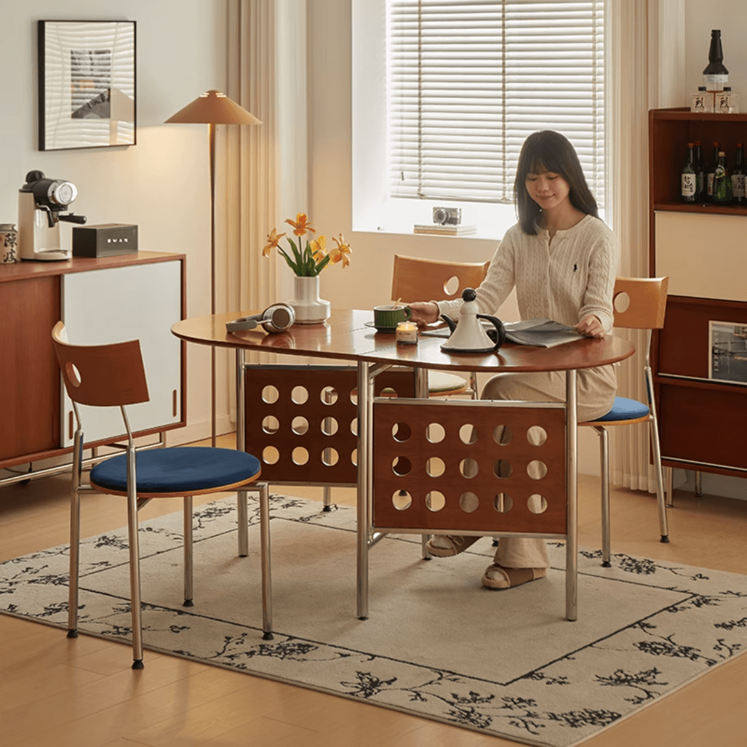 Retro-style dining table with smooth edges, perfect for family meals and work
