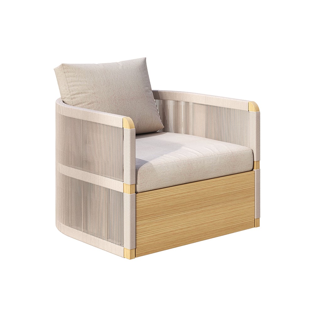 Modern outdoor swivel sofa set with aluminum frame and rope accents, includes coffee table in khaki